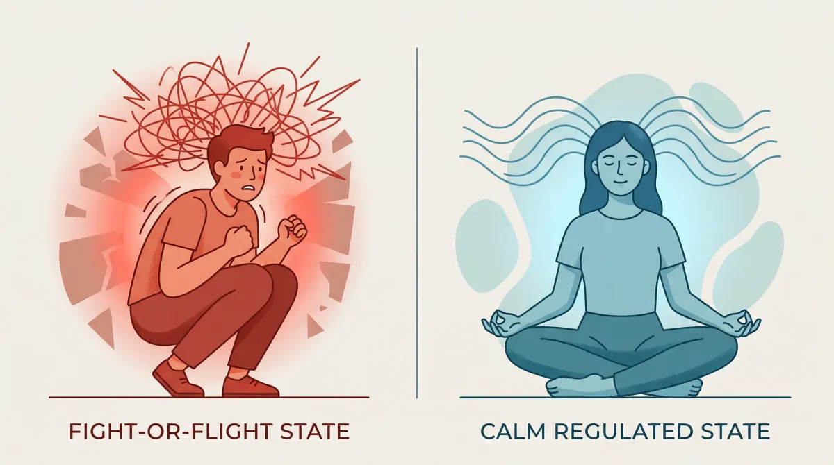 Comparison of a person in fight-or-flight stress versus a calm regulated nervous system state