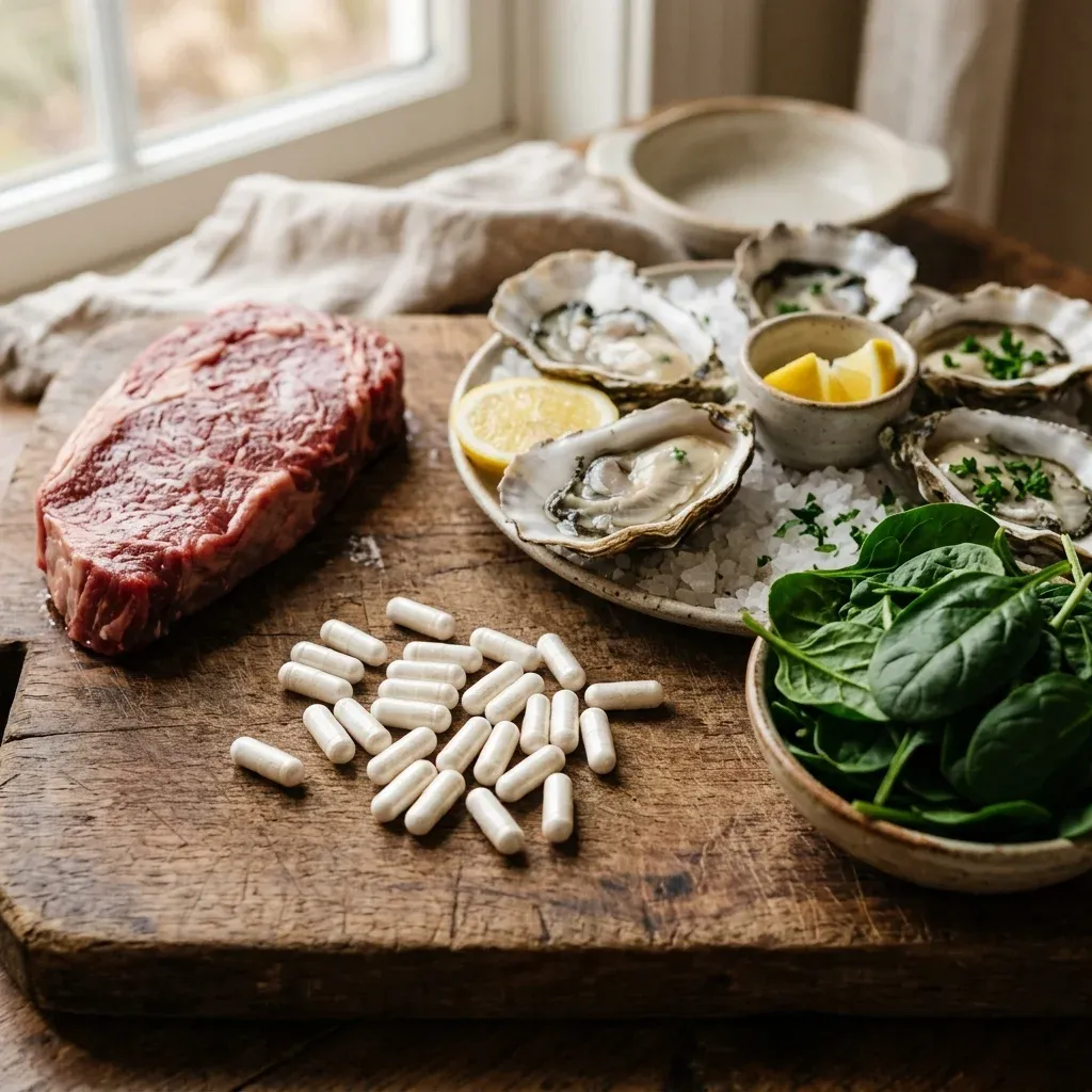 Close-up of white taurine supplement capsules beside fresh oysters and dark leafy greens on a wooden cutting board