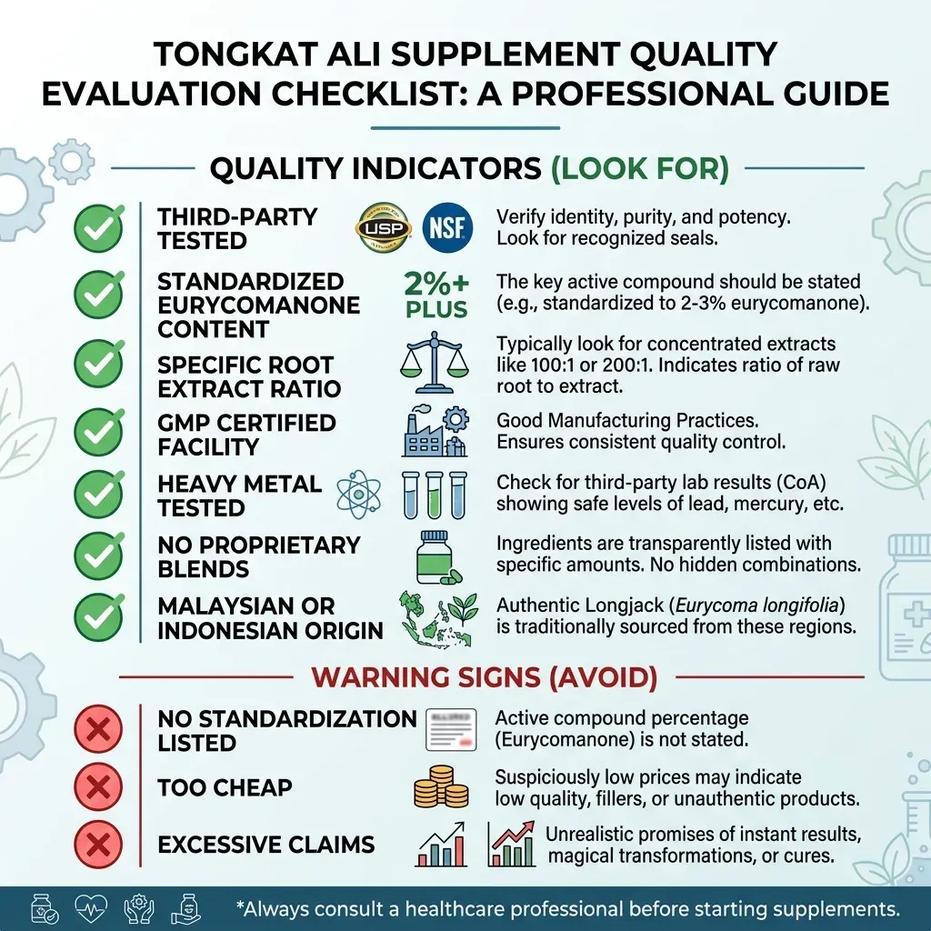 Visual checklist for evaluating tongkat ali supplement quality including third-party testing and eurycomanone standardization