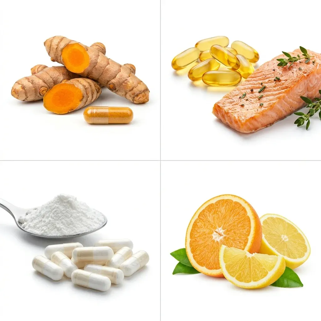 Infographic comparing research evidence levels for omega-3, curcumin, NAC, and vitamin supplements for endometriosis