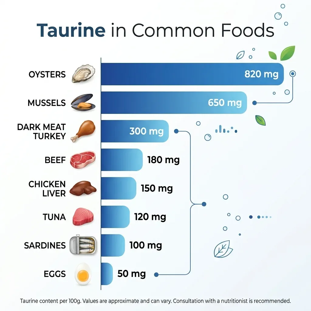 Infographic comparing taurine content in milligrams per hundred grams across common food sources including oysters, dark meat turkey, and beef
