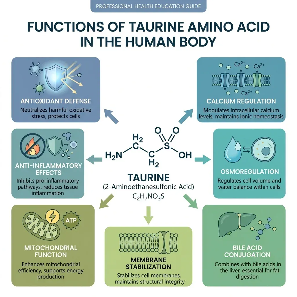 Infographic showing taurine molecule at center with seven branching pathways of cellular protection including antioxidant defense and calcium balance