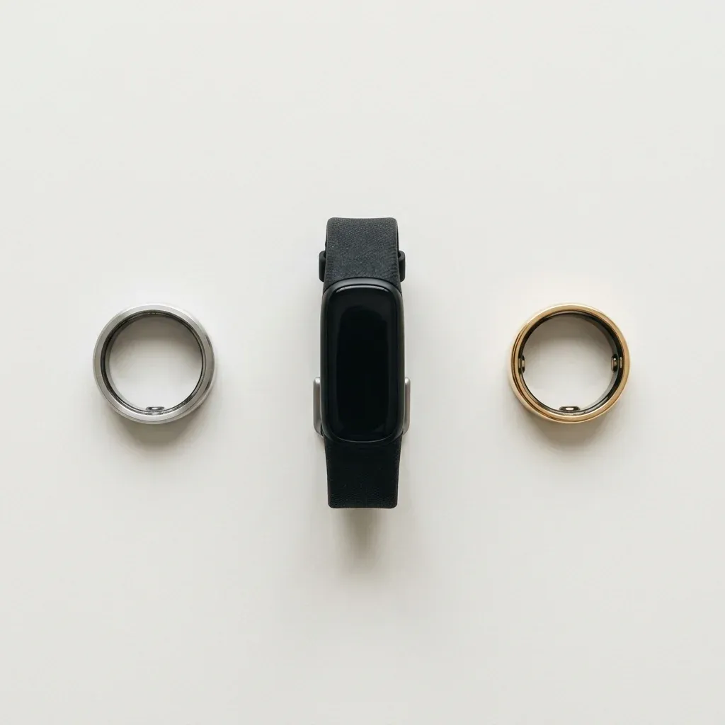 Side-by-side comparison of Oura Ring, WHOOP strap, and Samsung Galaxy Ring on a white surface