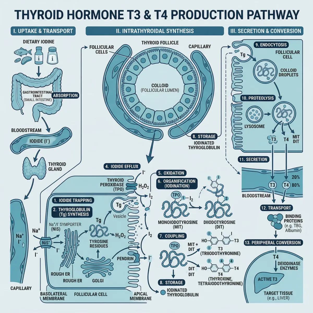 Diagram showing how the thyroid gland converts iodine into T3 and T4 hormones