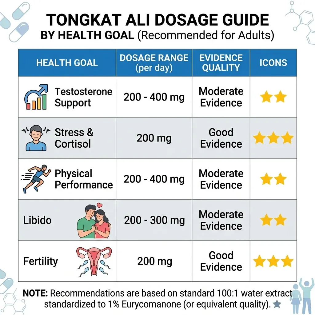 Infographic summarizing tongkat ali dosage ranges by health goal with evidence quality ratings