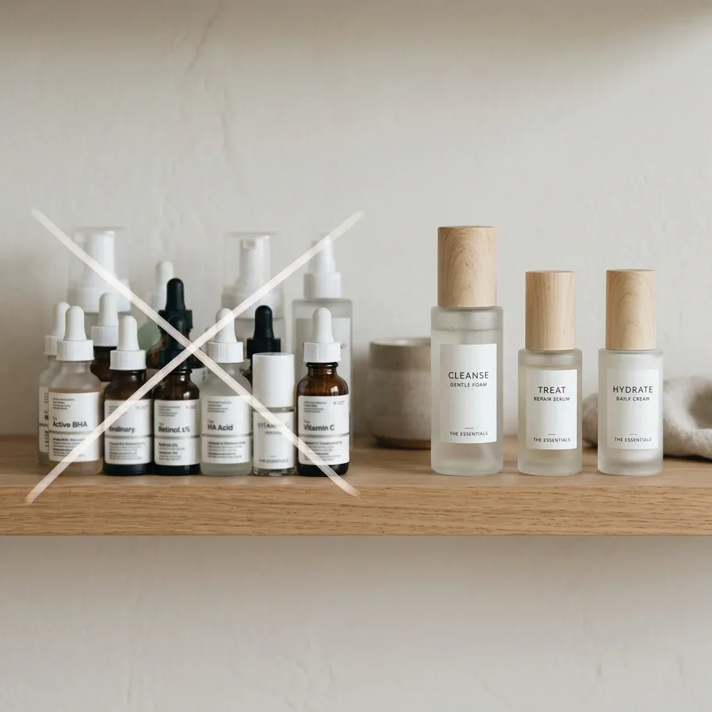 Simple skincare routine contrasted with too many active products
