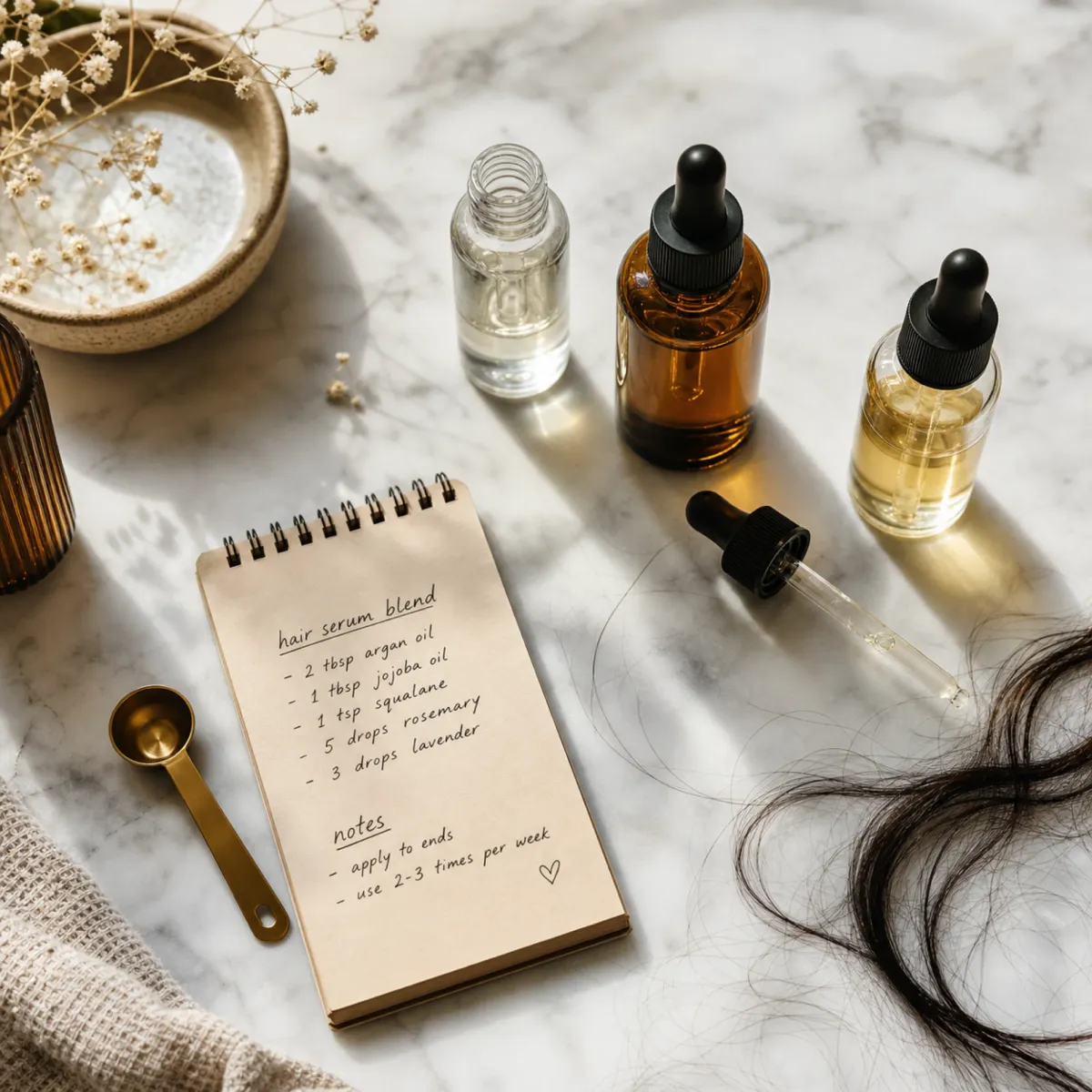 Collection of topical hair peptide serum bottles arranged on a marble surface with measuring tools