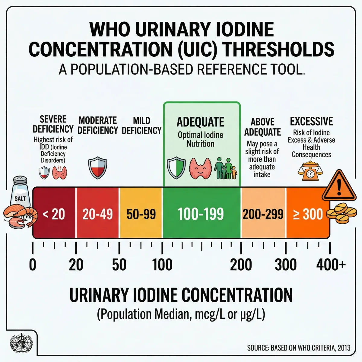 Color-coded scale showing WHO urinary iodine concentration thresholds from severe deficiency to excessive intake