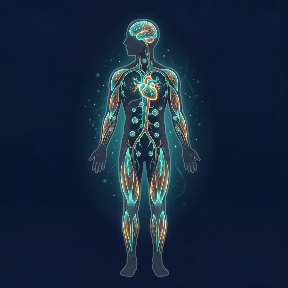 Diagram showing urolithin A benefits across multiple organ systems including muscle, heart, brain, and immune cells