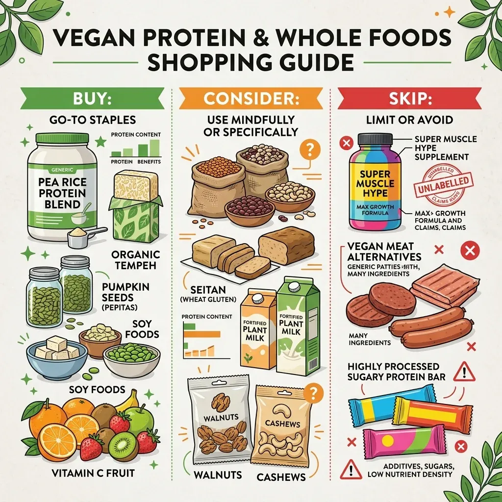 Vegan peptide shopping guide showing foods and supplements to buy, consider, or skip