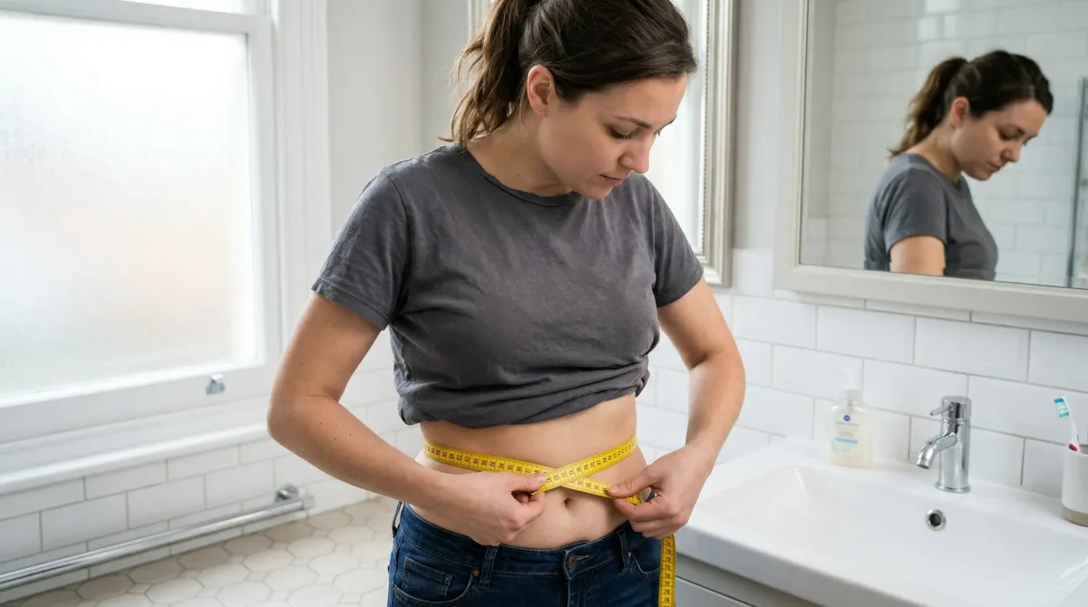 Demonstration of correct waist circumference measurement at the navel with a soft tape measure
