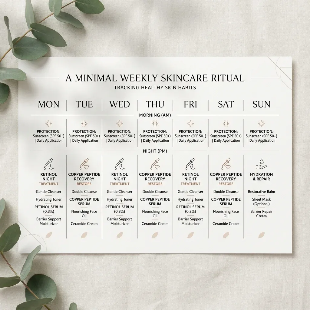 Weekly calendar showing retinol nights and copper peptide recovery nights