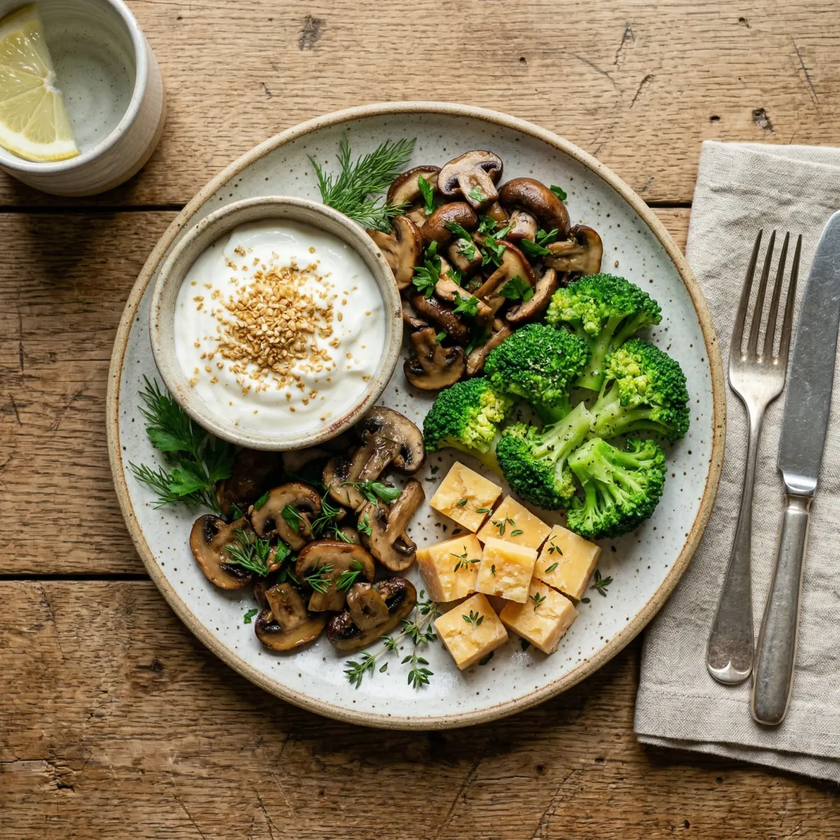 Overhead view of a meal plate containing wheat germ sprinkled on yogurt alongside mushrooms broccoli and aged cheese