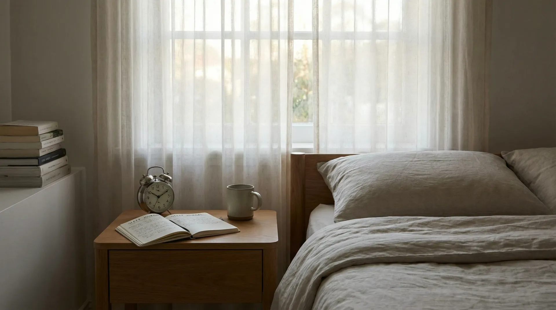 Calm bedroom at dawn with a sleep journal and alarm clock on the nightstand