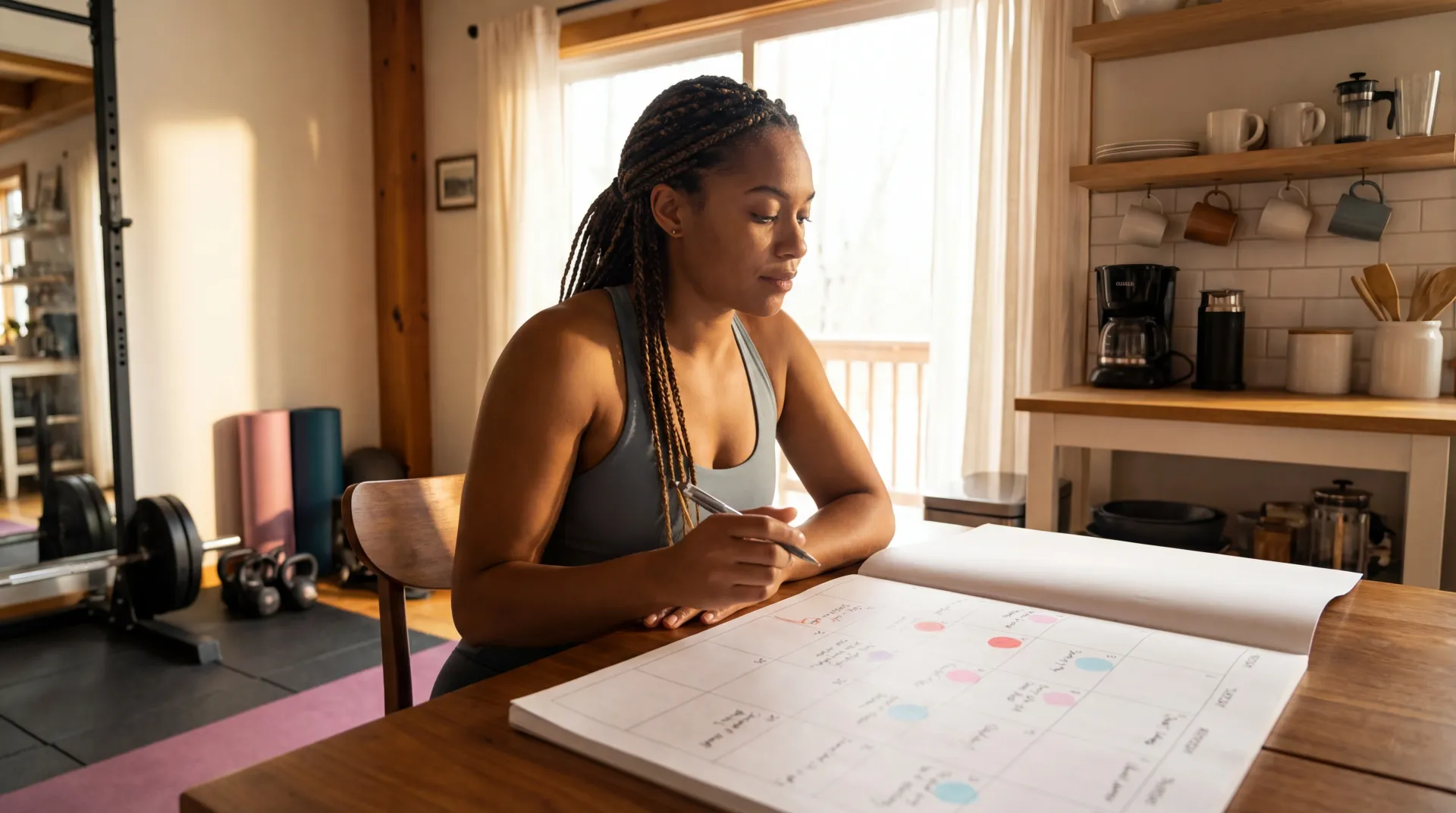 Woman planning workouts and meals across menstrual cycle phases at a kitchen table