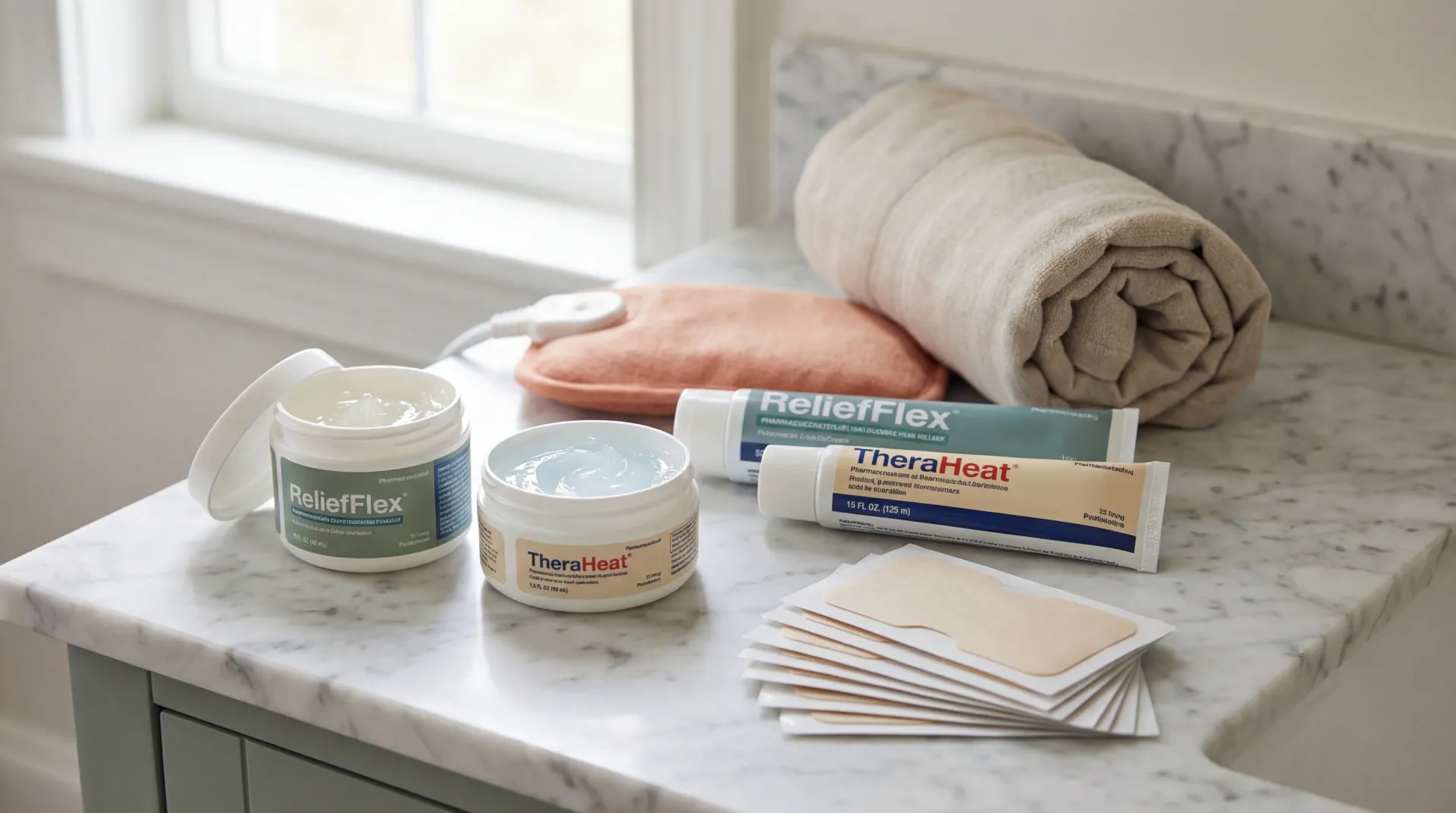 Various topical anti-inflammatory creams and gels arranged on a wooden surface beside a heating pad and towel