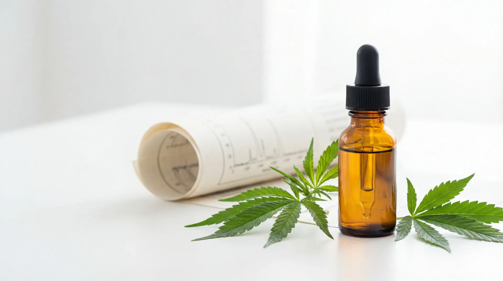 Amber CBD dropper bottle beside hemp leaves and a laboratory certificate representing evidence-based CBD guidance.