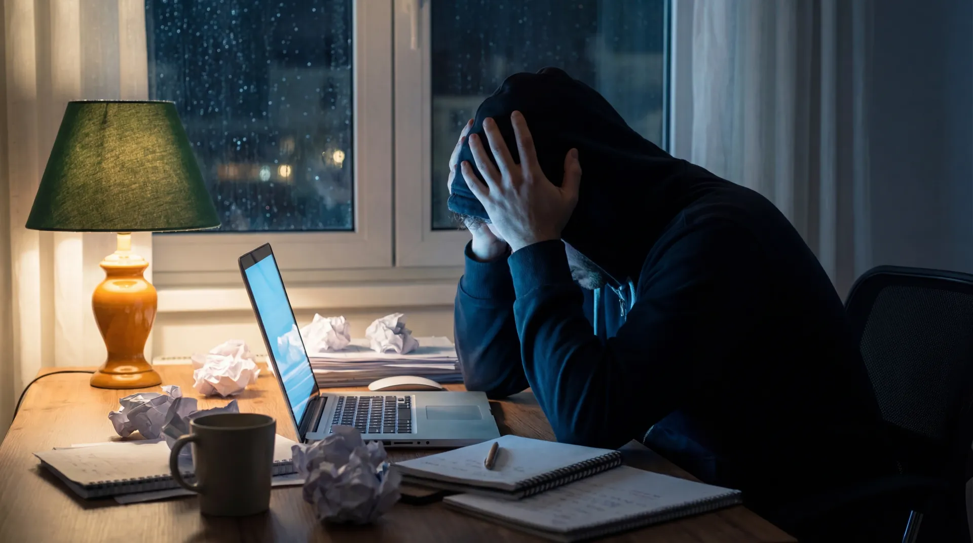 Person sitting alone at a dimly lit desk late at night with head in hands, laptop casting blue glow, empty coffee cup nearby