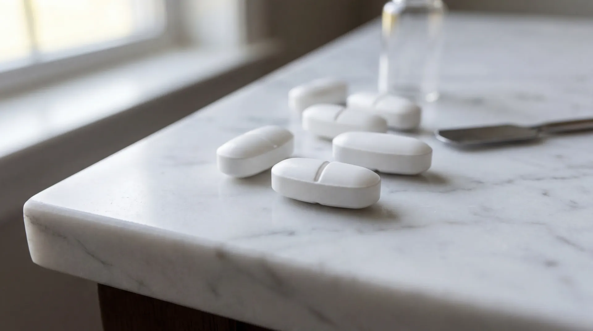White modafinil tablets arranged on a clean clinical surface with soft lighting