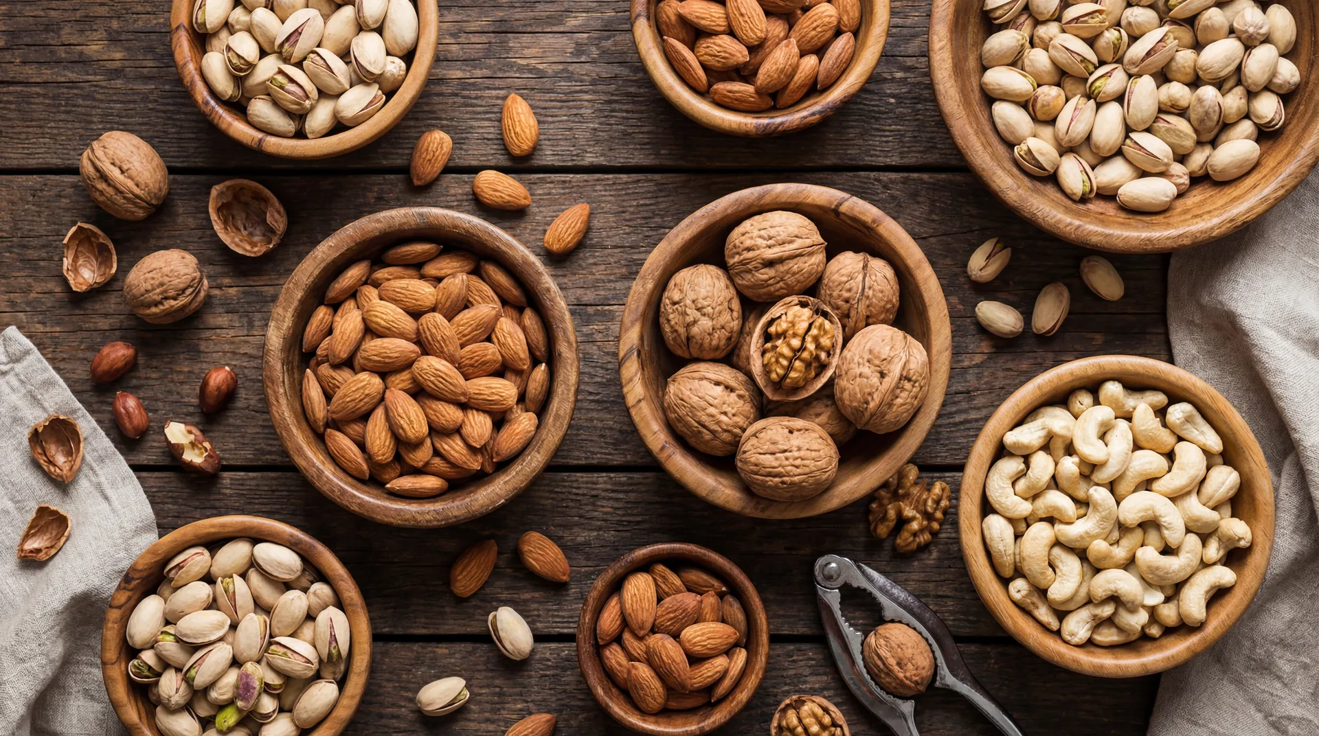 A rustic top-down view of almonds, walnuts, cashews, and pistachios in wooden bowls, representing the diverse health benefits of nuts