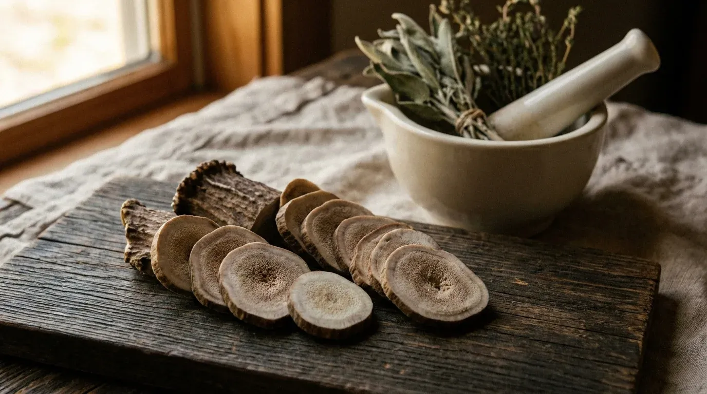Sliced deer antler velvet arranged on a wooden surface beside traditional medicine preparation tools