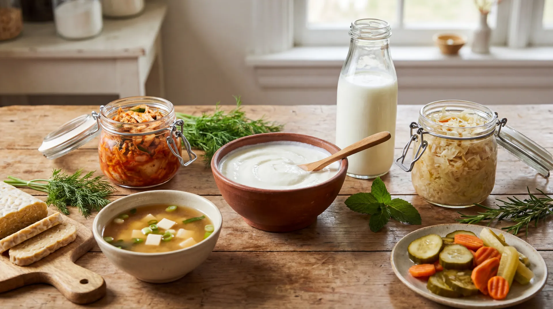 Colorful assortment of yogurt, kefir, kimchi, sauerkraut, miso, and tempeh arranged for a probiotic meal