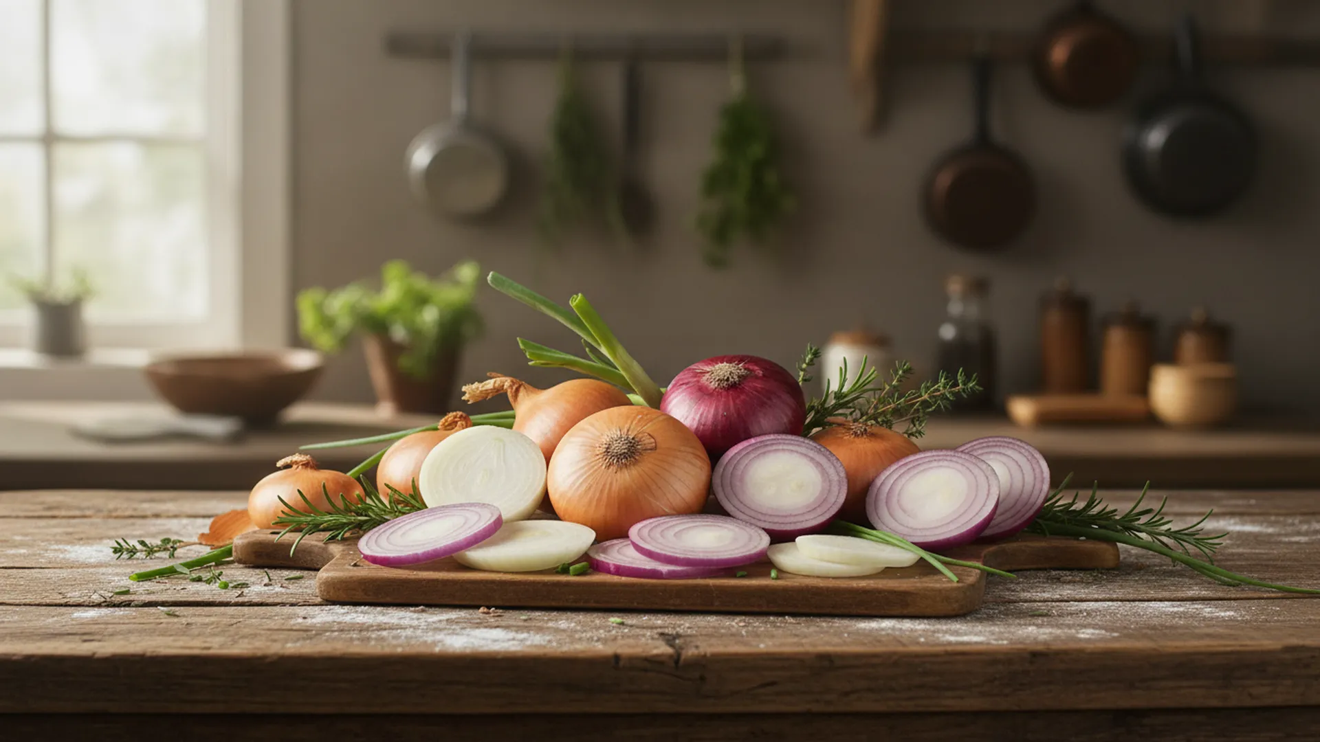 Sliced red, yellow, and white onions arranged on a wooden kitchen board with fresh herbs