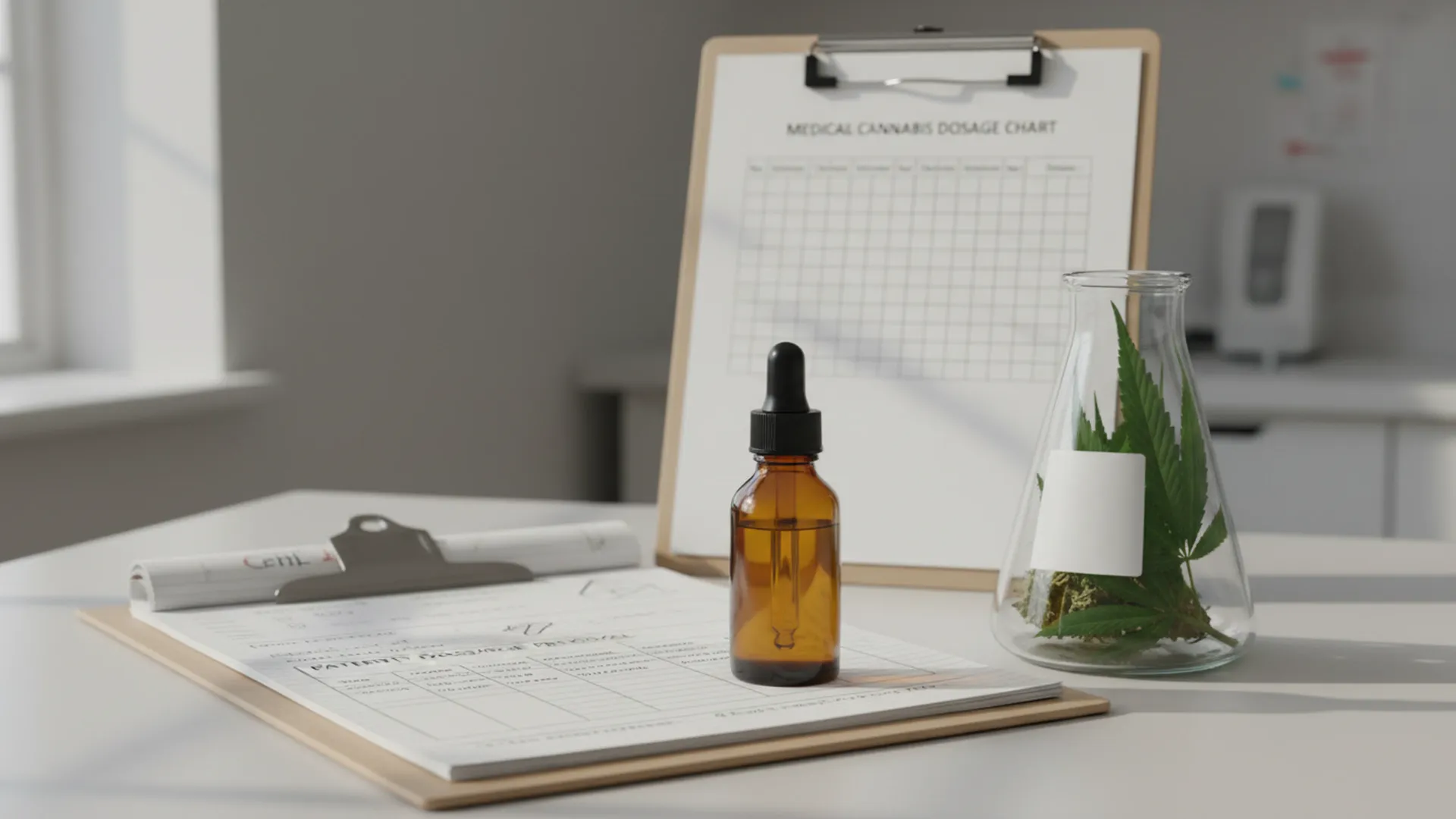 Cannabinoid medicine bottle with dosage notes and cannabis leaves in a clinical workspace