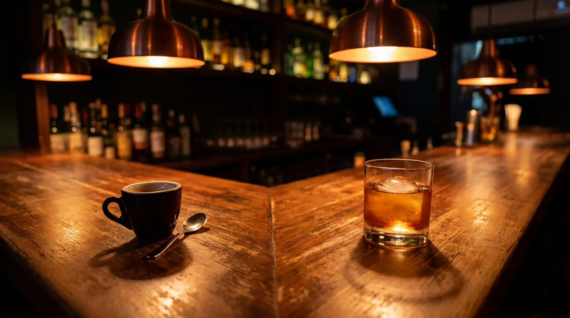 Dark espresso cup and amber cocktail glass on a polished wood bar counter under warm moody lighting