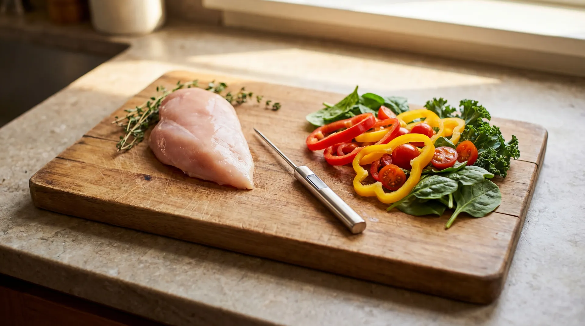 Overhead view of raw chicken and fresh vegetables on a cutting board with a food thermometer