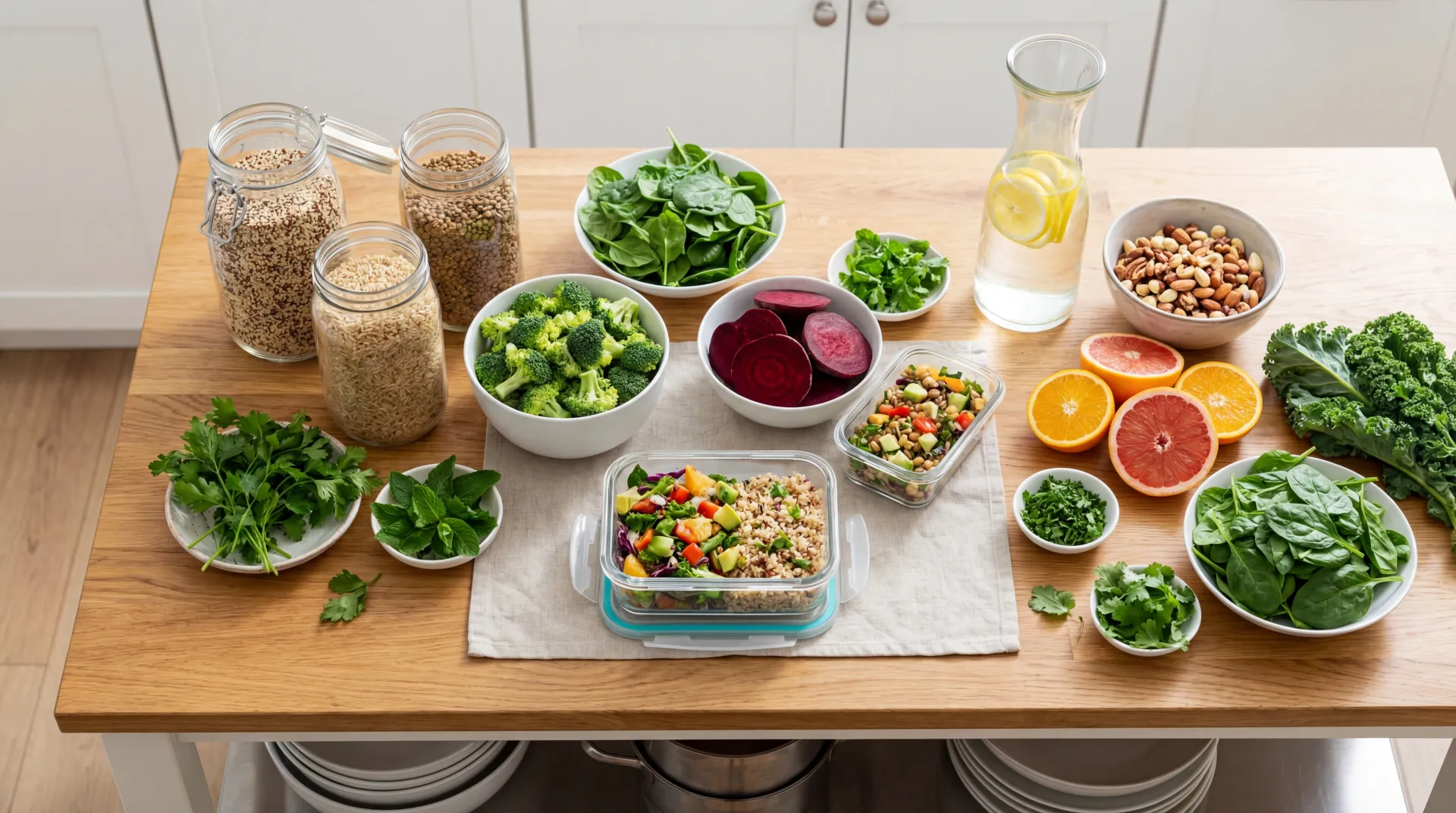 Overhead meal-prep spread with greens, cruciferous vegetables, citrus, whole grains, and water for natural detox support.