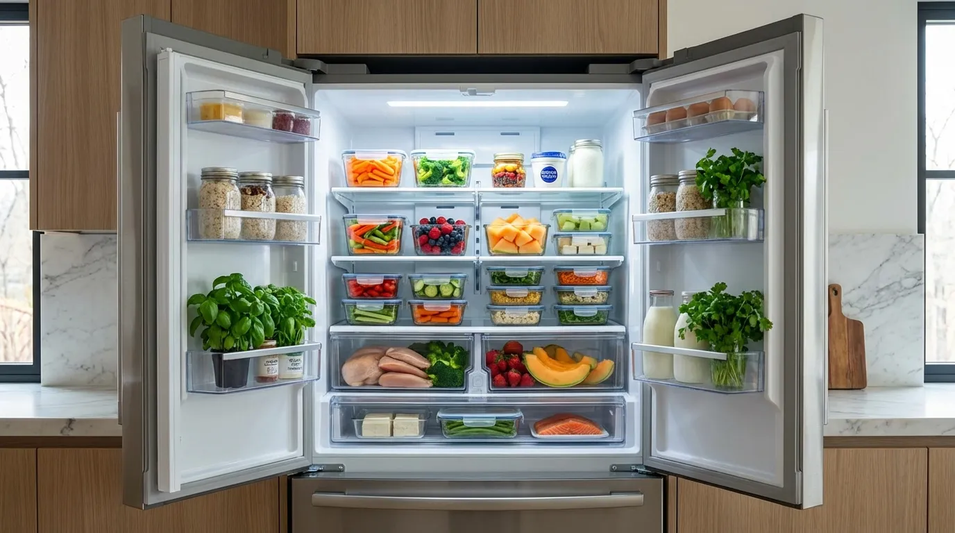 A modern, organized refrigerator stocked with fresh vegetables, meal prep containers, and healthy hydration options, illuminated by bright LED lighting.