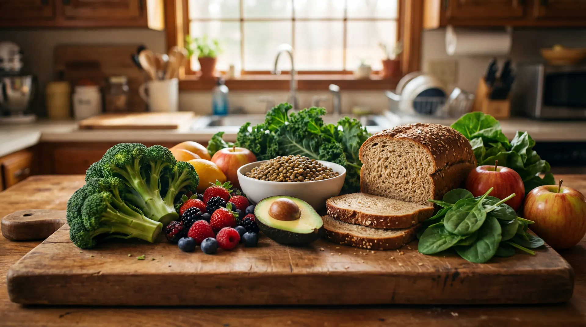 Fresh fiber-rich vegetables, fruits, and whole grains arranged on a wooden cutting board for digestive wellness