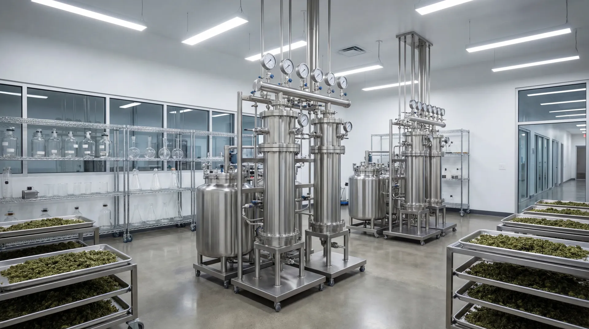 Industrial supercritical carbon dioxide extraction equipment used to produce cannabinoid-rich hemp extract in a controlled lab.