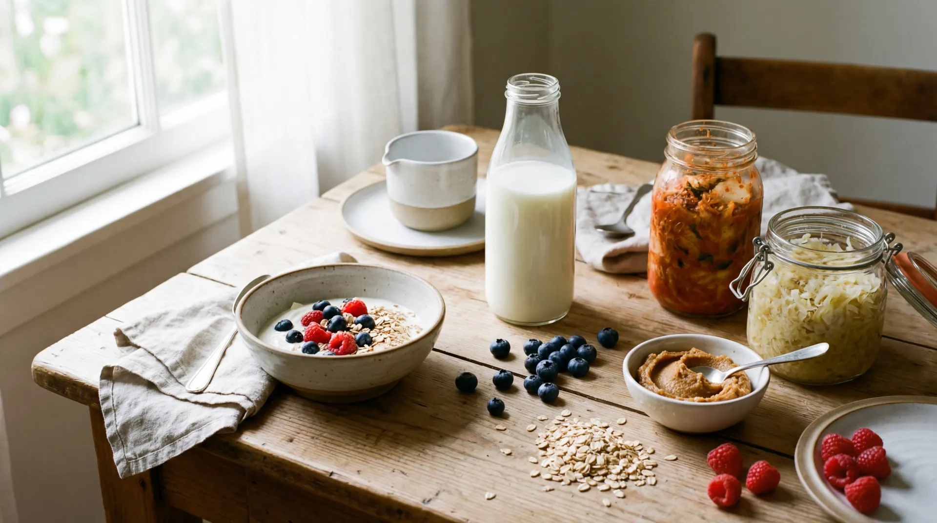 Assorted probiotic foods including yogurt, kefir, kimchi, berries, and oats arranged on a bright kitchen table.