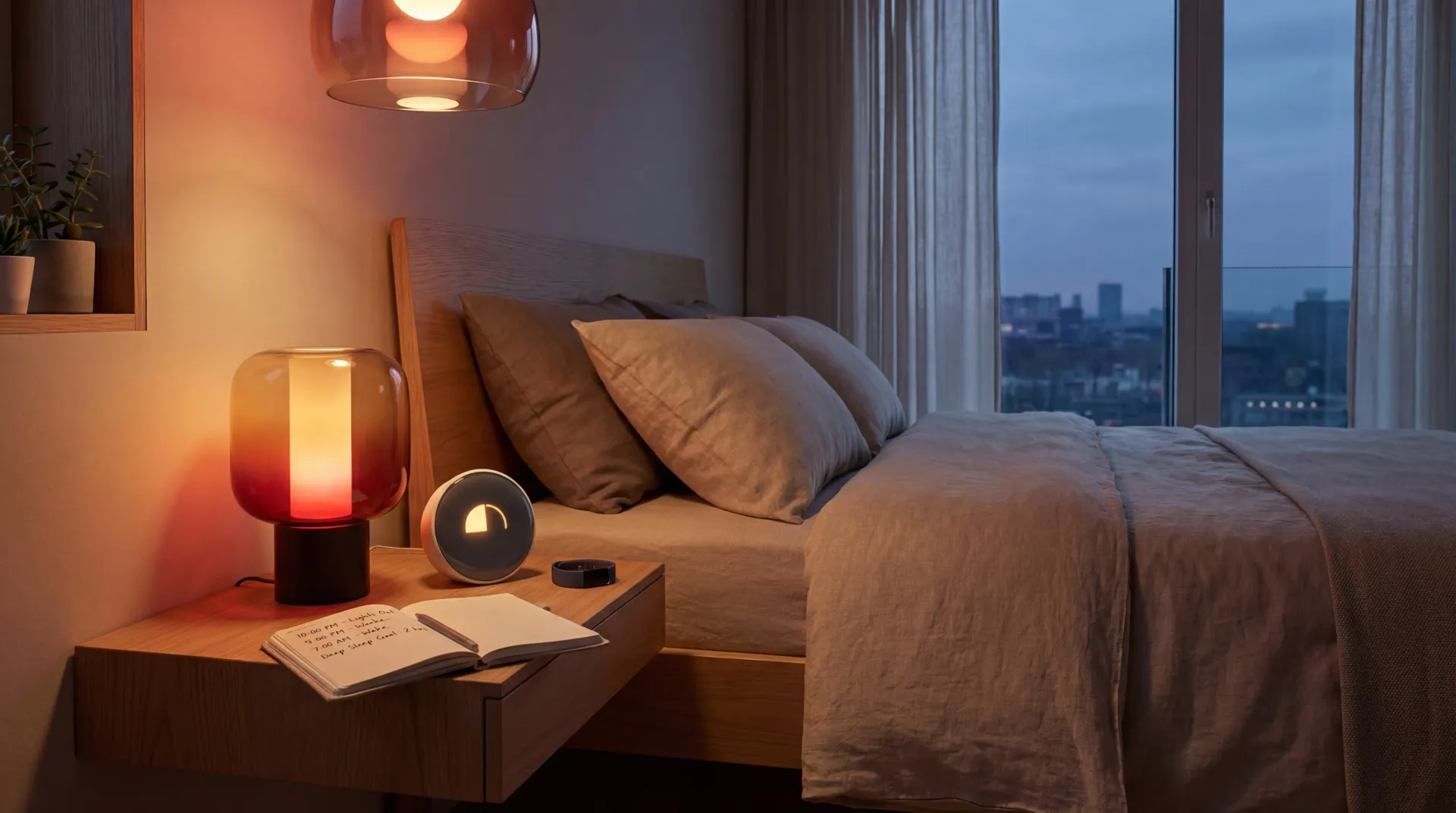 Smart circadian bedroom setup with warm evening lighting, sunrise alarm clock, and wearable sleep tracker on a bedside table