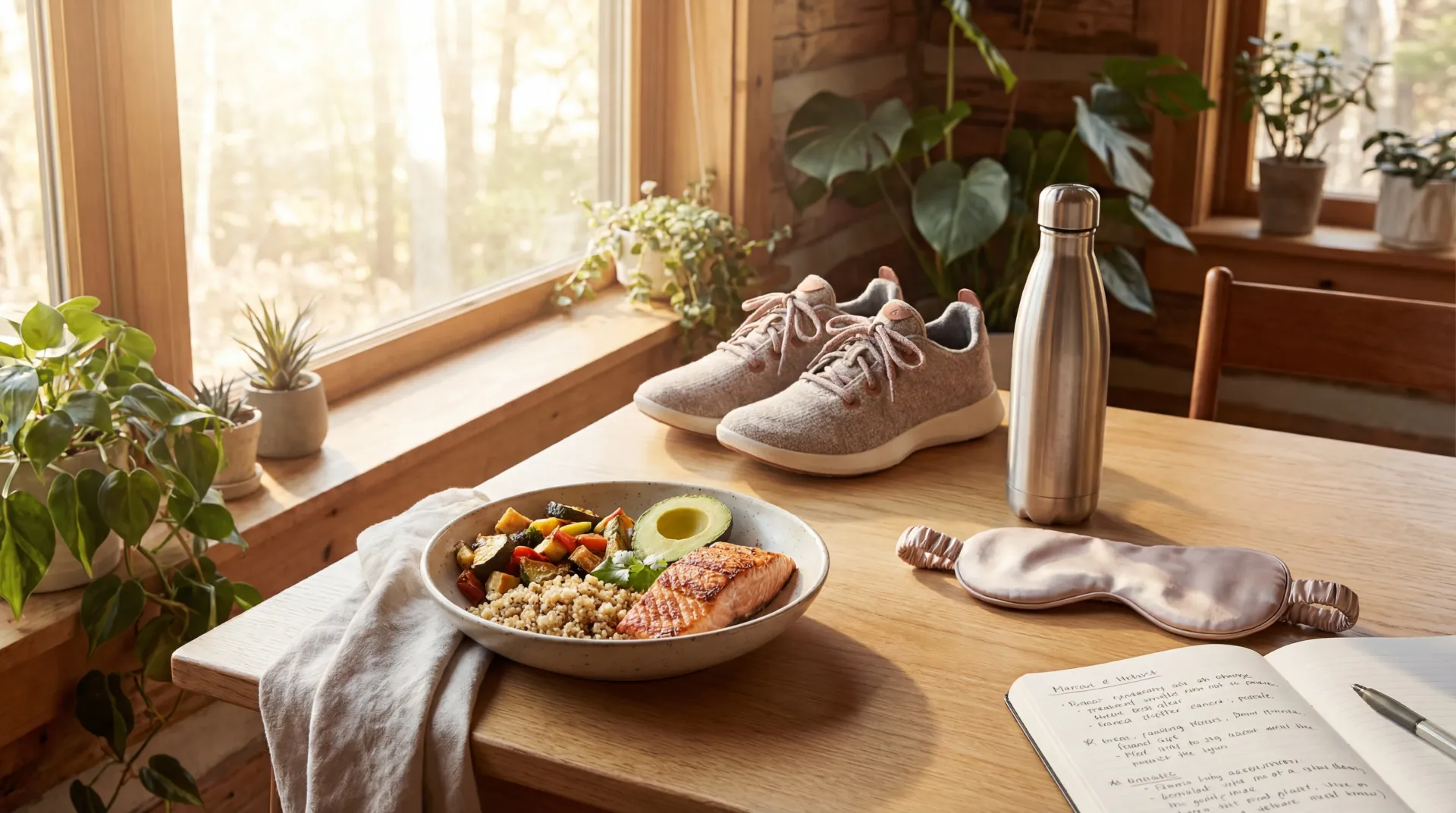 Balanced healthy lifestyle essentials with whole foods, movement gear, hydration bottle, and sleep tools arranged in natural morning light