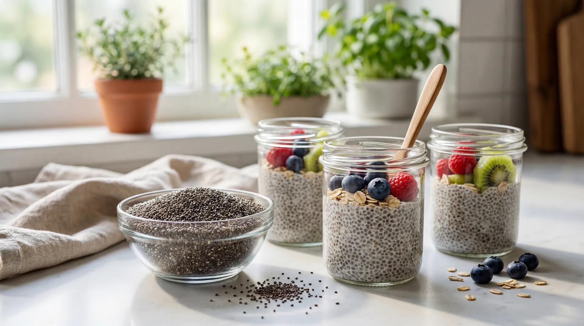 Glass bowl of chia seeds beside berry-topped chia pudding jars on a sunlit kitchen counter.