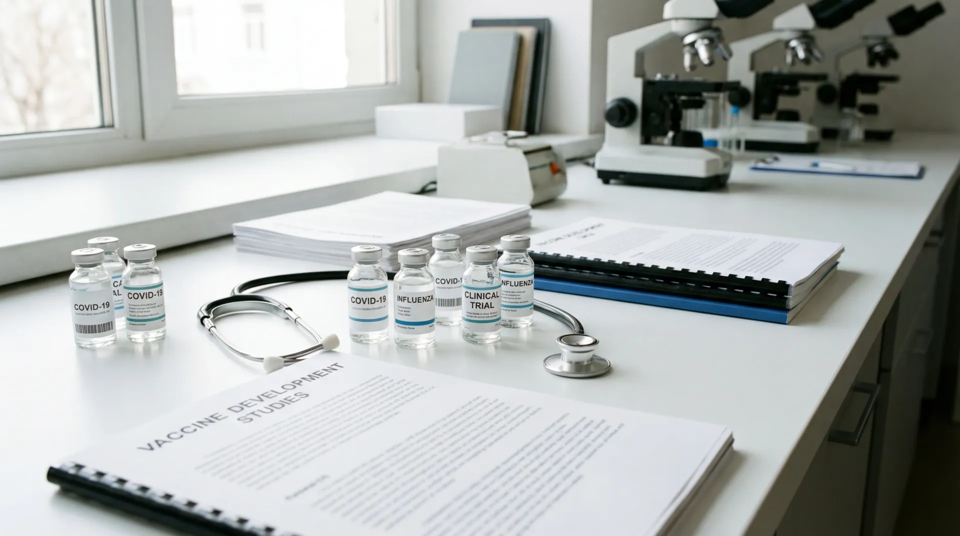 Clinical laboratory setting with vaccine vials, stethoscope, and research documents on a white surface