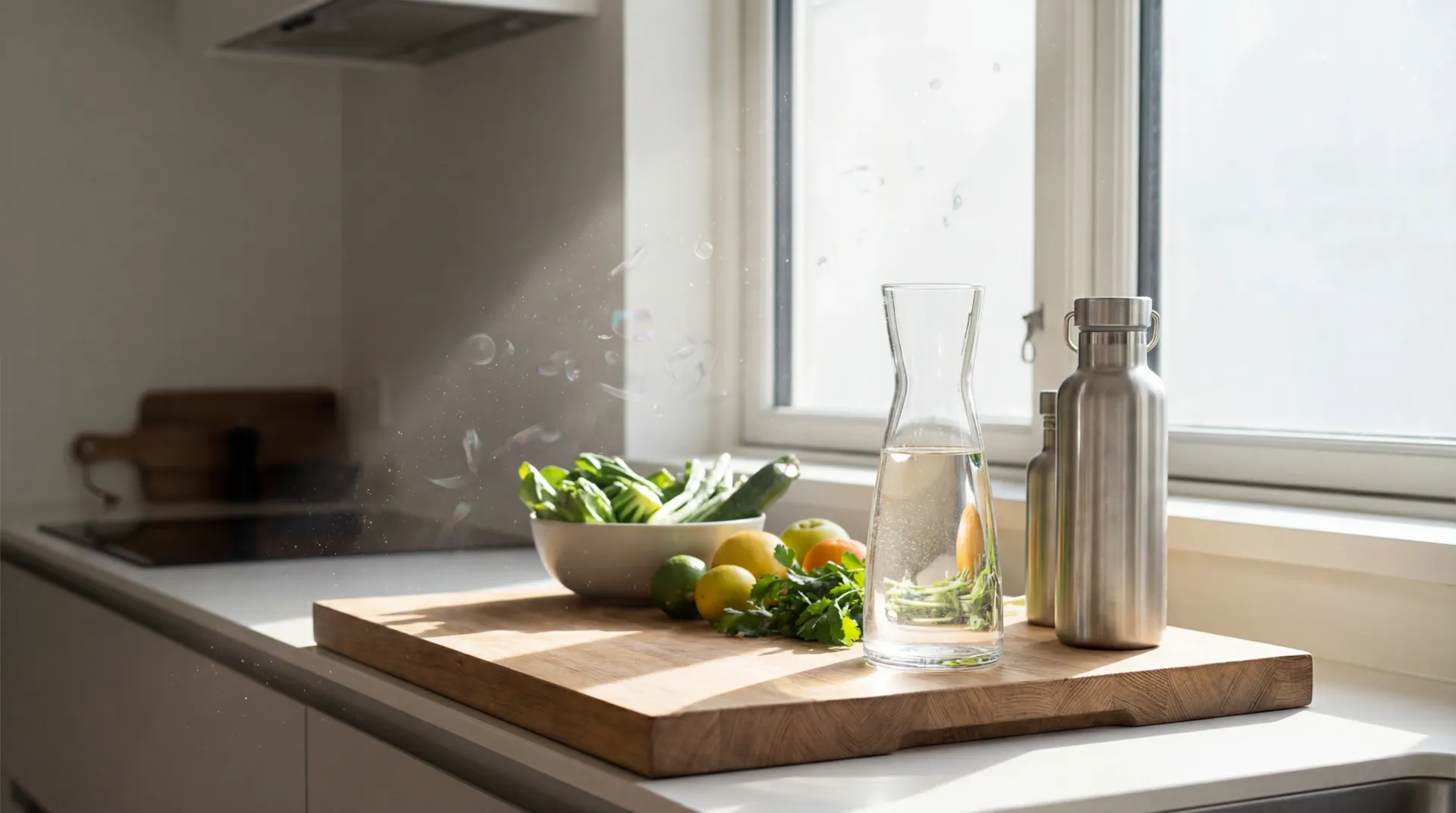 Glass water carafe with stainless steel bottle and whole foods in a bright kitchen, representing lower-plastic daily habits.