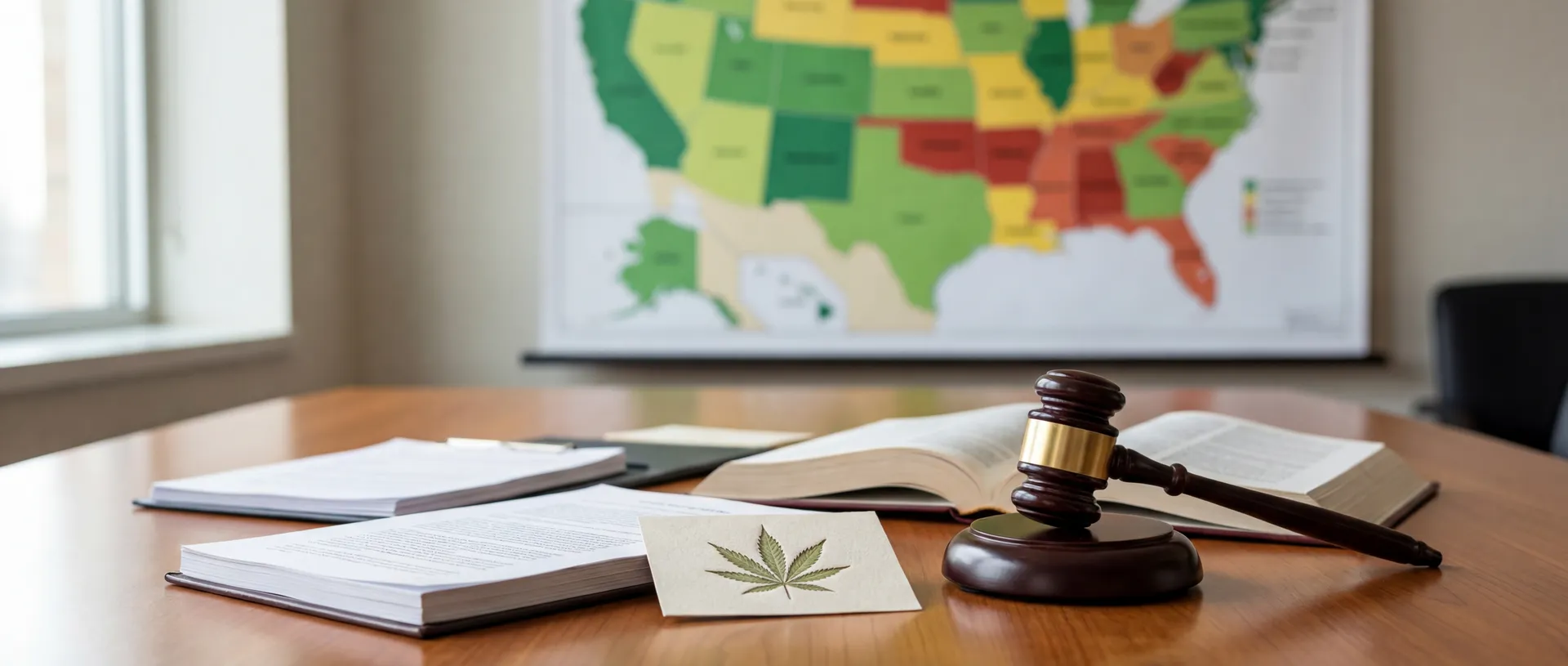 Desk with legal documents, a judge gavel, and a U.S. map illustrating how THC laws differ by state.