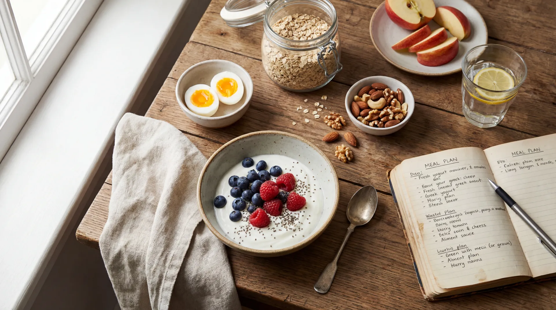 Top-down breakfast setup with yogurt, berries, eggs, oats, nuts, sliced apple, and water for practical craving control