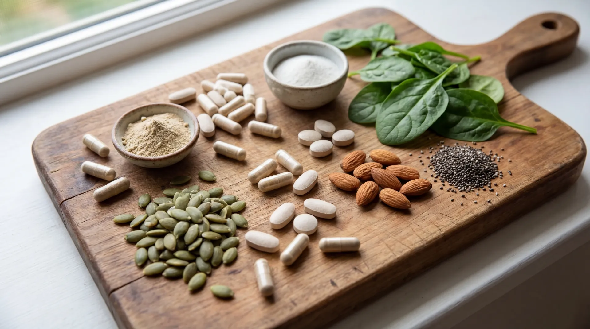 Assorted magnesium supplement capsules and powders arranged alongside magnesium-rich foods on a wooden cutting board