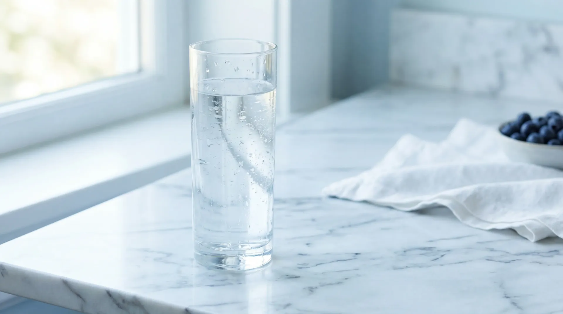 Clear glass of water with condensation droplets on a marble countertop in soft natural light