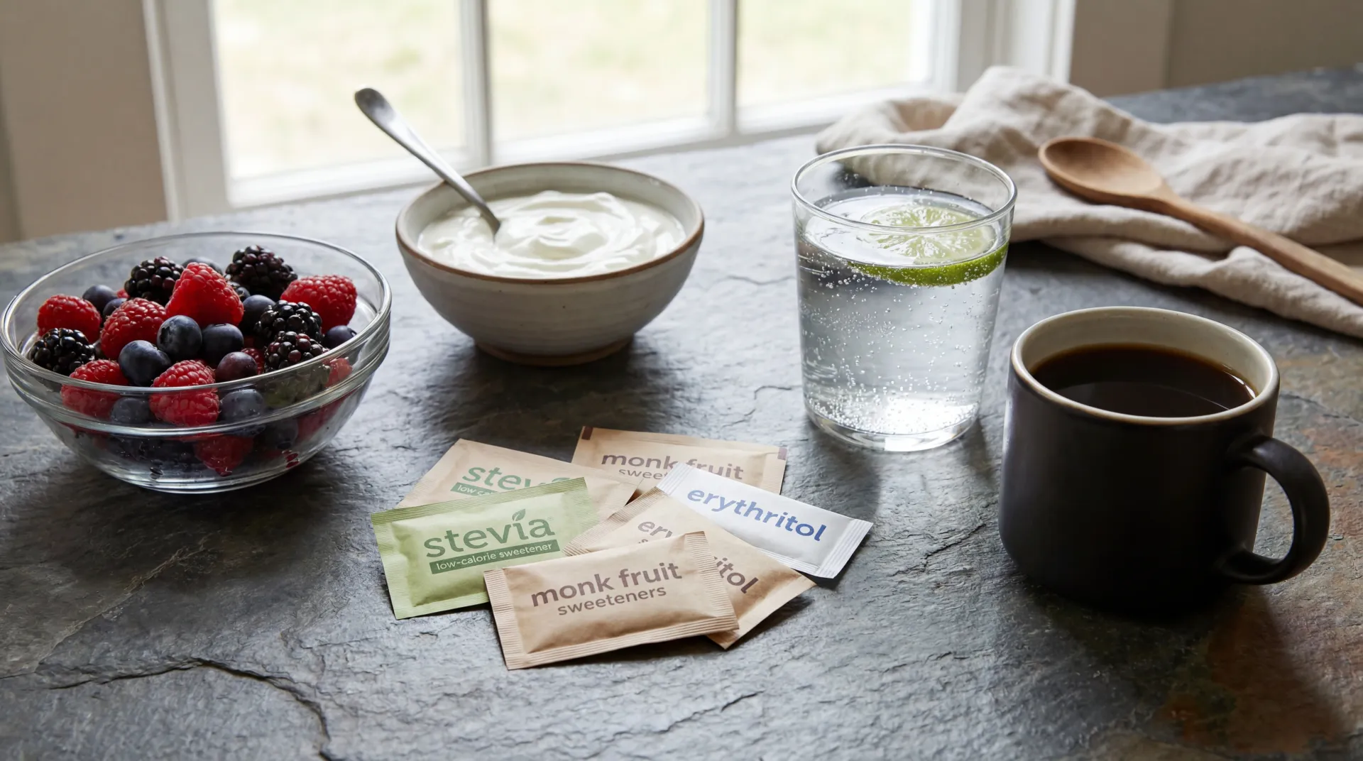 Assorted low-calorie sweetener packets with berries, yogurt, sparkling water, and black coffee on a kitchen countertop.