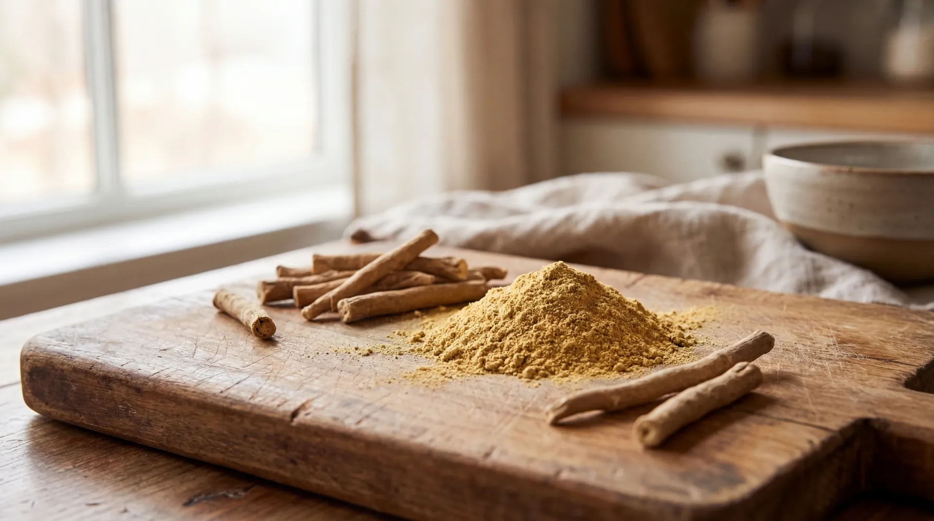 Dried ashwagandha root pieces and powder on a wooden surface