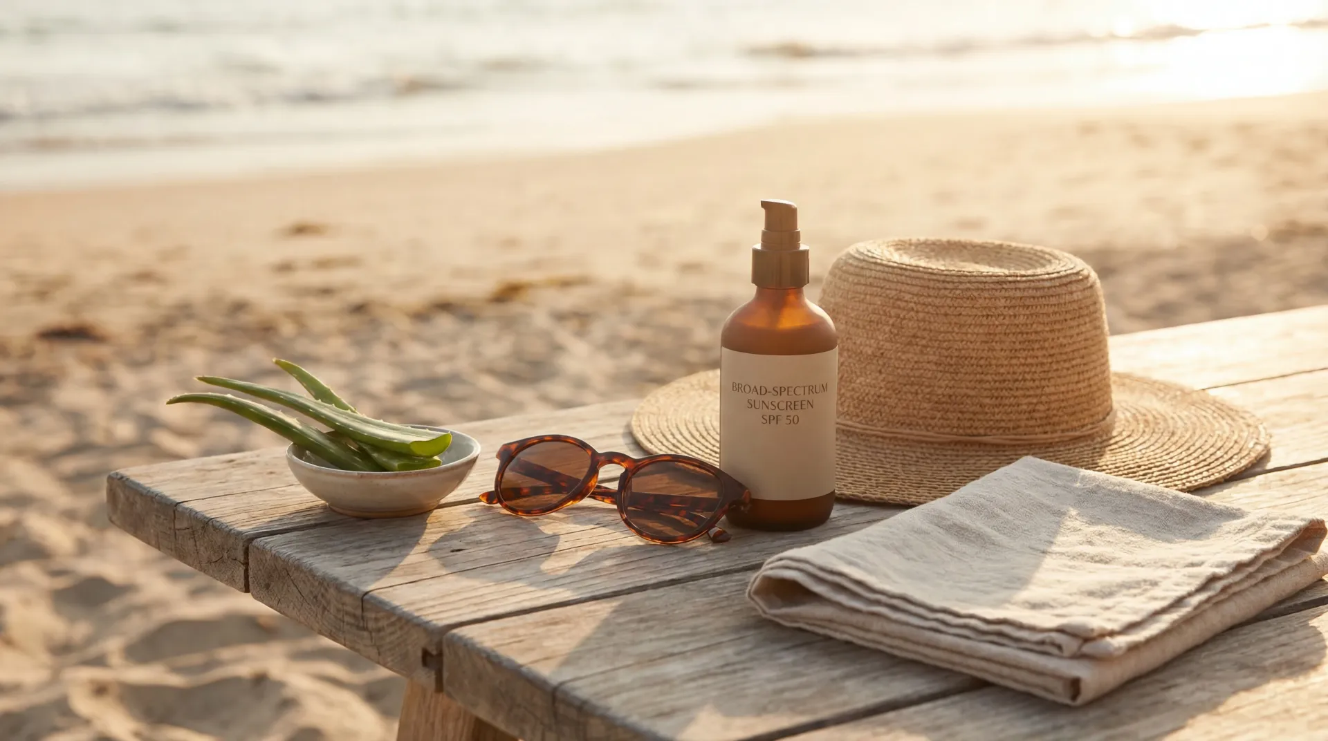 Sun-safety essentials including broad-spectrum sunscreen, UV hat, and aloe arranged outdoors