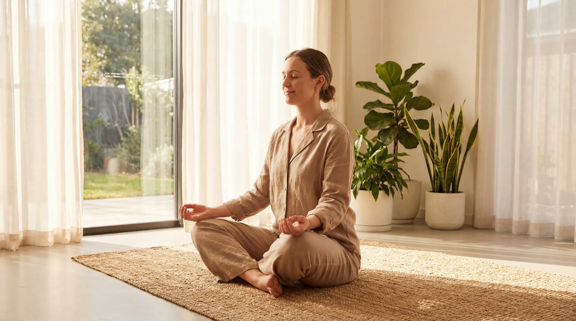 Woman practicing seated meditation pose in a quiet sunlit room with plants