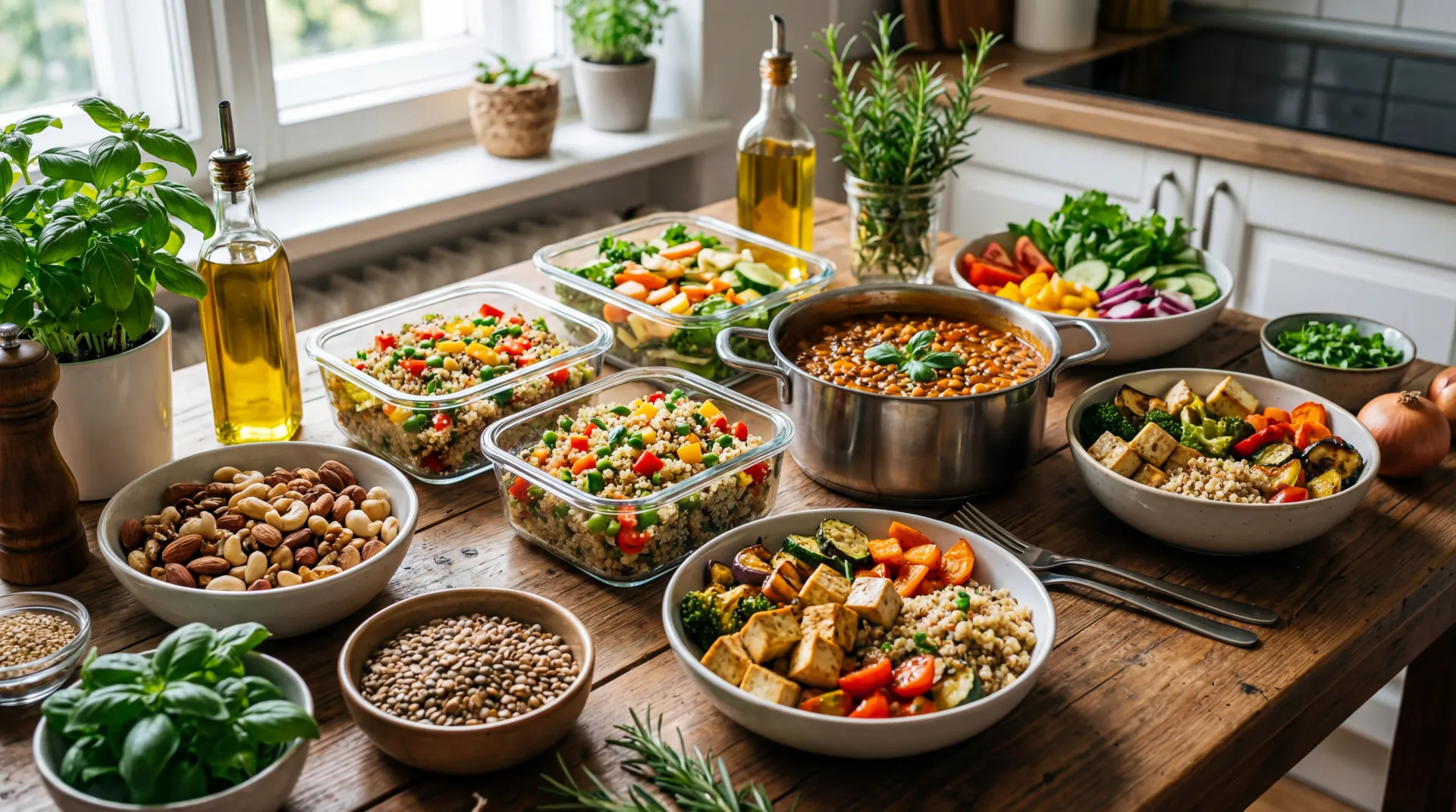 Colorful vegan and vegetarian meal prep spread with grains, legumes, tofu, vegetables, nuts, and herbs on a wooden table