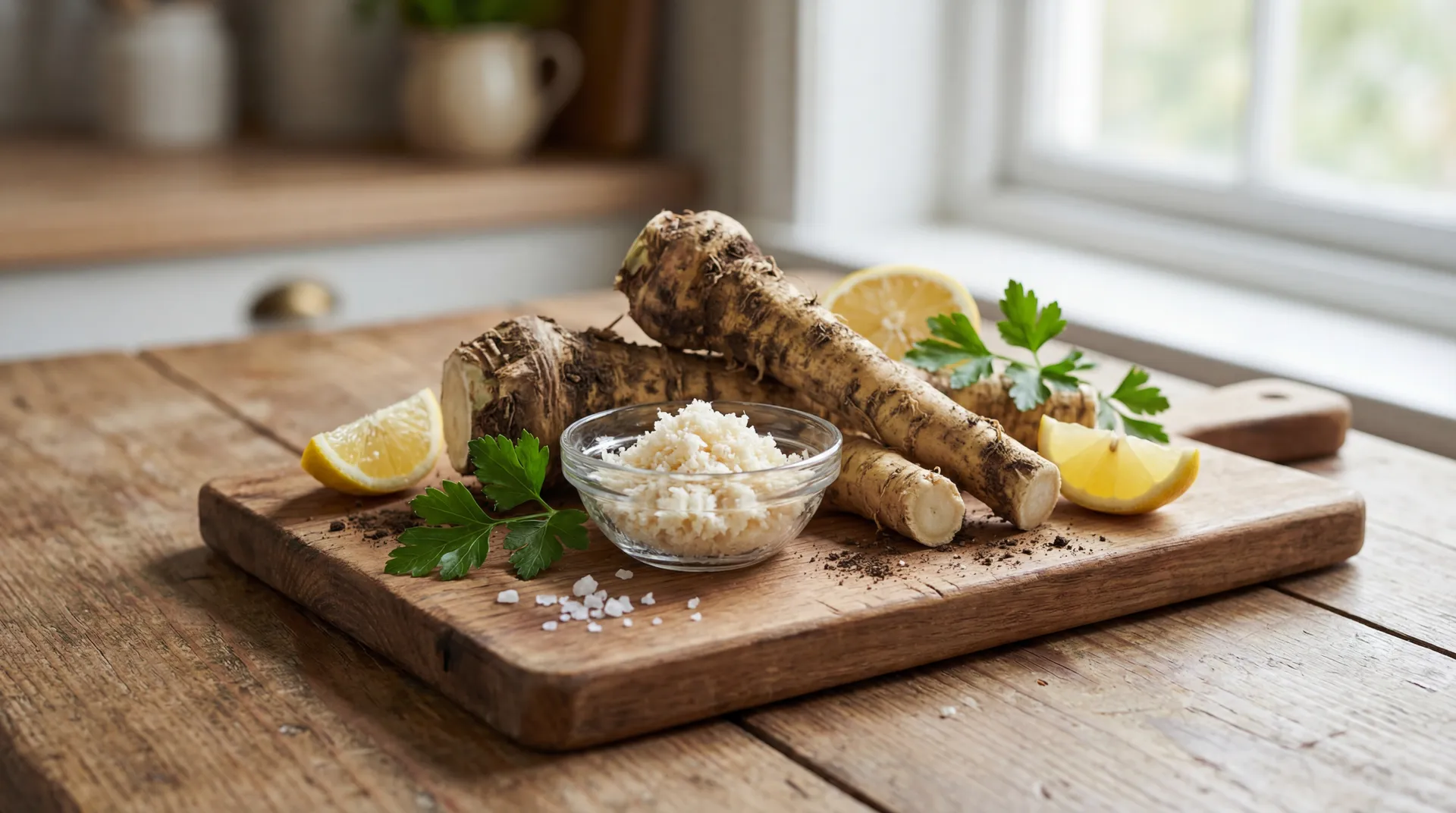 Fresh horseradish roots and grated horseradish in a glass bowl with lemon and parsley on a wooden prep board.